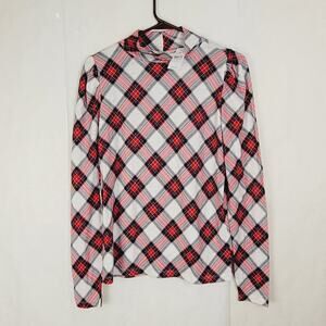 New Loft red plaid mock neck puff shoulder top Size small Preppy Staple Holiday